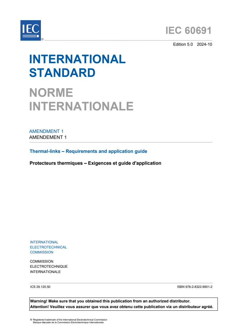 IEC 60691:2023/AMD1:2024 - Amendment 1 - Thermal-links - Requirements and application guide
Released:28. 10. 2024
Isbn:9782832299012