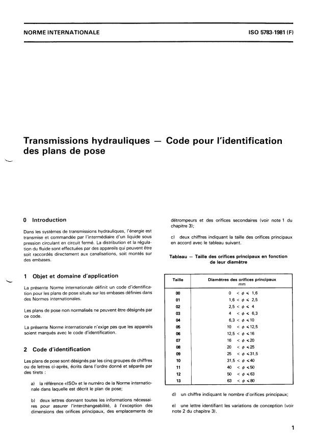 ISO 5783:1981 - Transmissions hydrauliques -- Code pour l'identification des plans de pose
