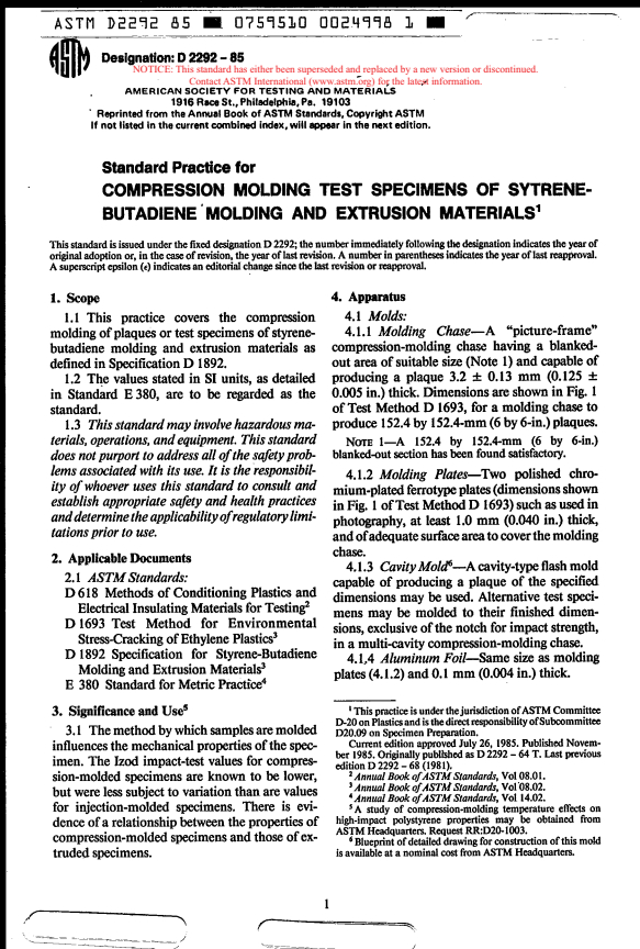 ASTM D2292-85 - Recommended Practice for Compression Molding Test Specimens of Styrene-Butadiene Molding and Extrusion Materials (Withdrawn 1992)