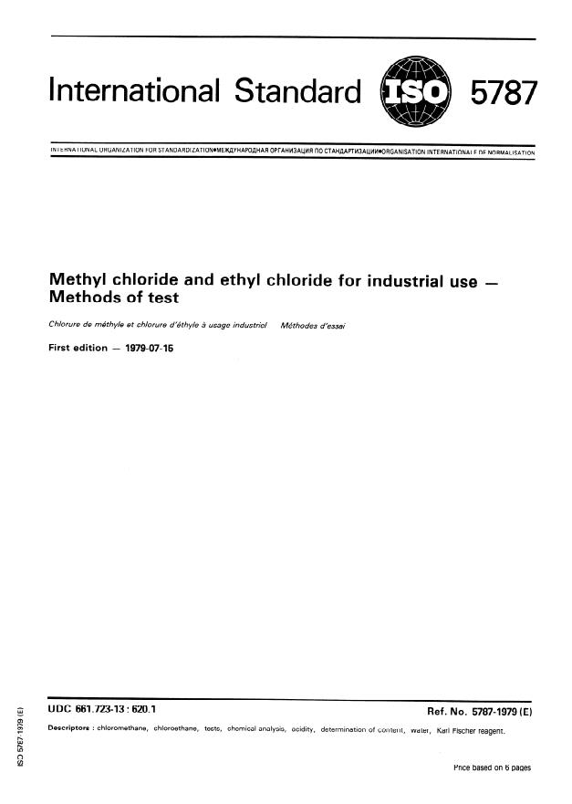ISO 5787:1979 - Methyl chloride and ethyl chloride for industrial use -- Methods of test