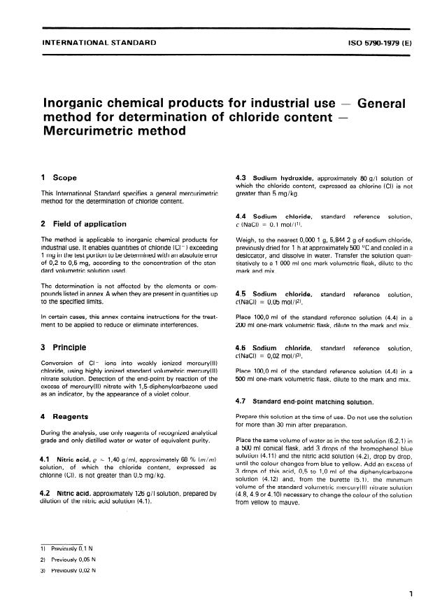 ISO 5790:1979 ISO 5790:1979 - Inorganic chemical products for industrial use -- General method for determination of chloride content -- Mercurimetric method - Page 3 preview