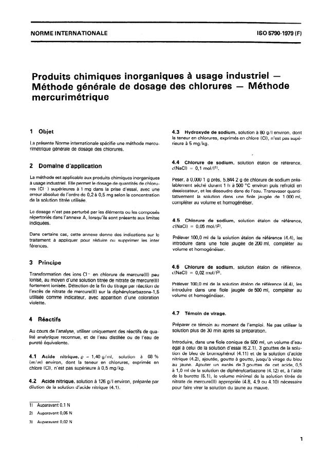 ISO 5790:1979 ISO 5790:1979 - Produits chimiques inorganiques a usage industriel -- Méthode générale de dosage des chlorures -- Méthode mercurimétrique - Page 3 preview