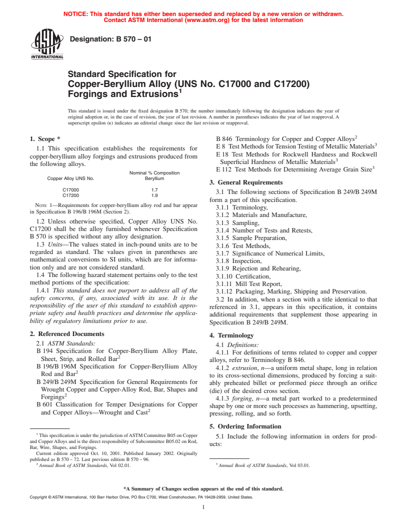 ASTM B570-01 - Standard Specification for Copper-Beryllium Alloy (UNS No. C17000 and C17200) Forgings and Extrusions