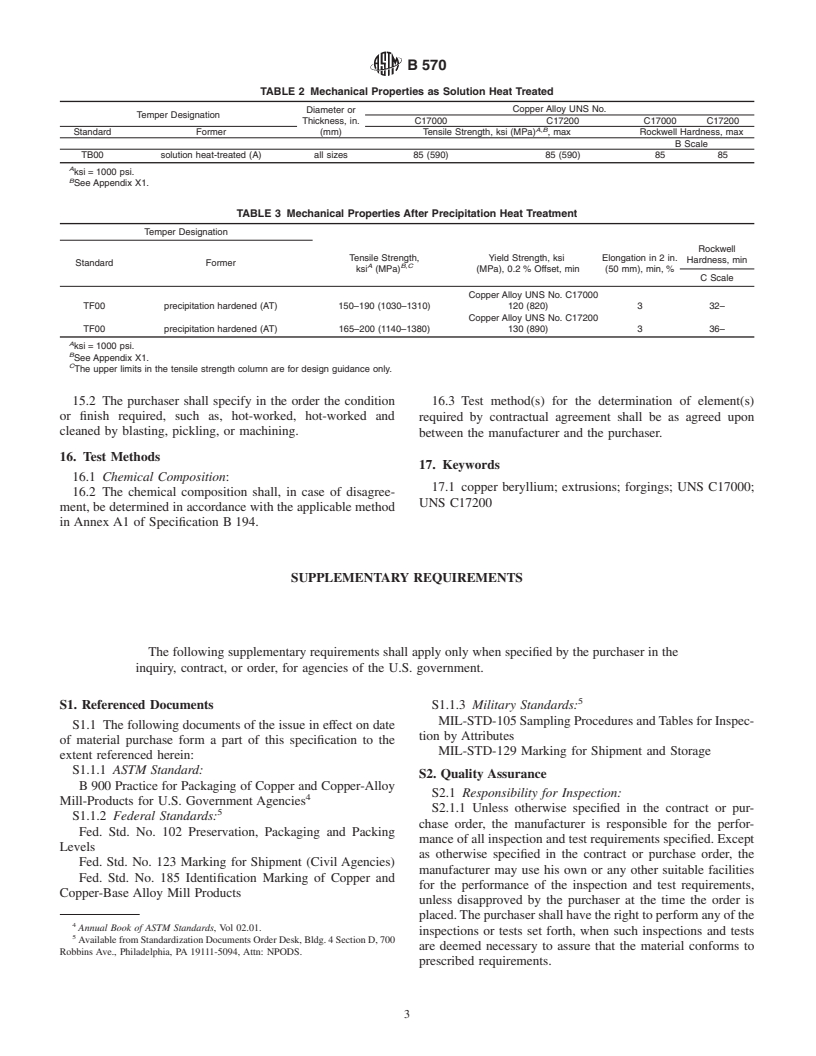 ASTM B570-01 - Standard Specification for Copper-Beryllium Alloy (UNS No. C17000 and C17200) Forgings and Extrusions