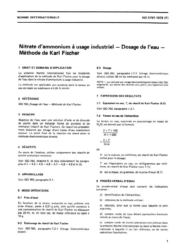 ISO 5791:1978 - Nitrate d'ammonium a usage industriel -- Dosage de l'eau -- Méthode de Karl Fischer