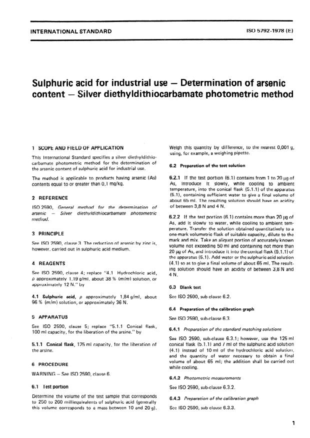 ISO 5792:1978 - Sulphuric acid for industrial use -- Determination of arsenic content -- Silver diethyldithiocarbamate photometric method