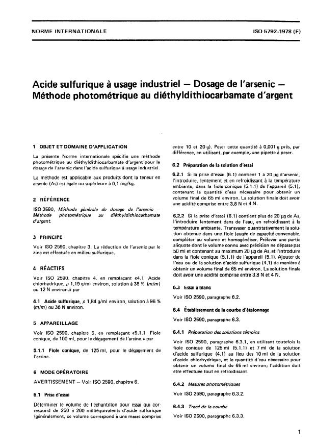 ISO 5792:1978 - Acide sulfurique a usage industriel -- Dosage de l'arsenic -- Méthode photométrique au diéthyldithiocarbamate d'argent