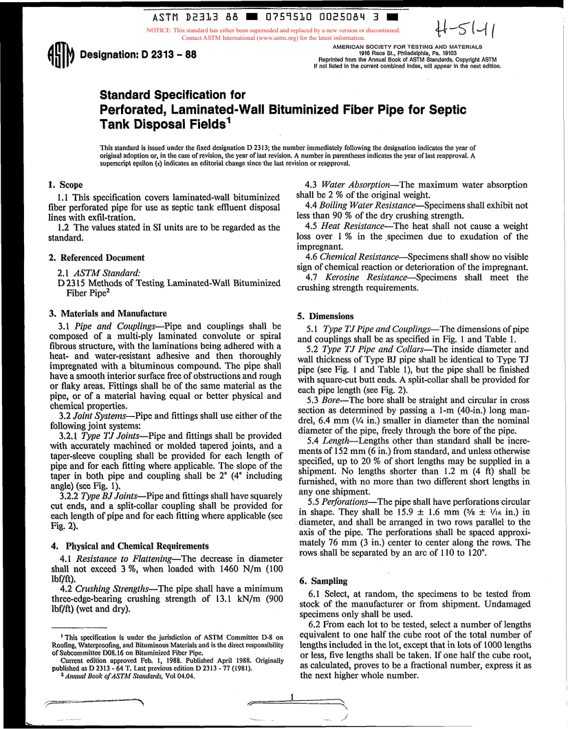 ASTM D2313-88 - Specification for Perforated Laminated-Wall Bituminized Fiber Pipe for Septic Tank Disposal Fields (Withdrawn 1992)