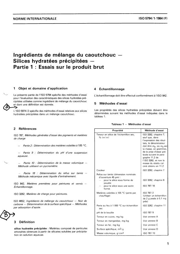 ISO 5794-1:1984 - Ingrédients de mélange du caoutchouc -- Silices hydratées précipitées
