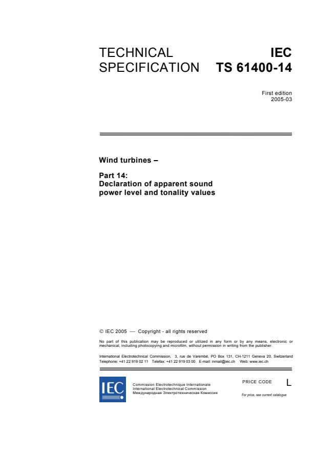 IEC TS 61400-14:2005 - Wind turbines - Part 14: Declaration of apparent sound power level and tonality values