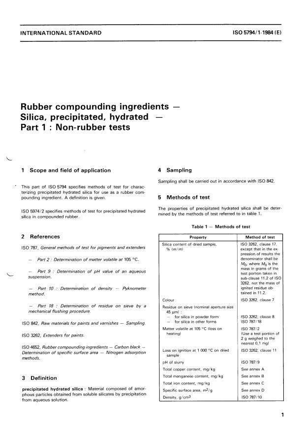 ISO 5794-1:1984 - Rubber compounding ingredients -- Silica, precipitated, hydrated