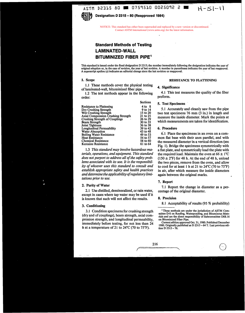 ASTM D2315-80(1984) - Methods of Testing Laminated-Wall Bituminized Fiber Pipe (Withdrawn 1990)