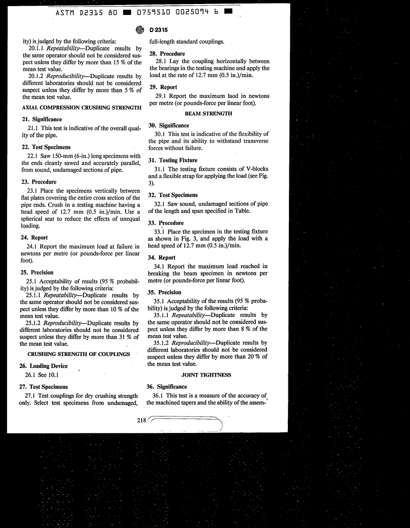 ASTM D2315-80(1984) - Methods of Testing Laminated-Wall Bituminized Fiber Pipe (Withdrawn 1990)