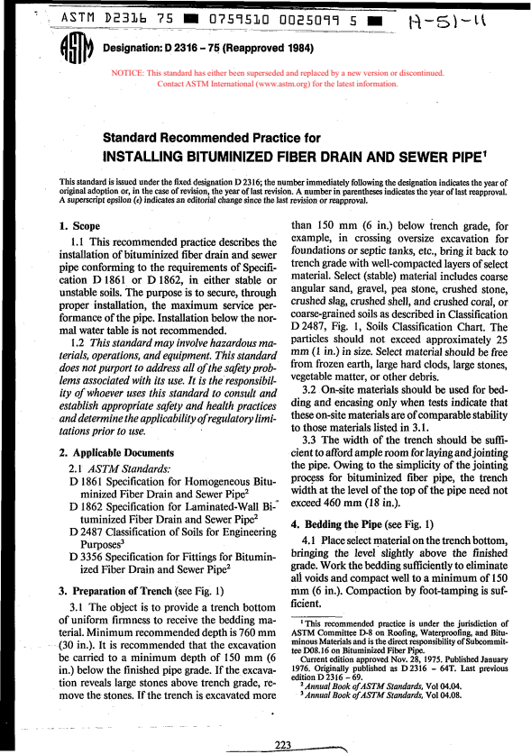 ASTM D2316-75(1984) - Recommended Practice for Installing Bituminized Fiber Drain and Sewer Pipe (Withdrawn 1990)