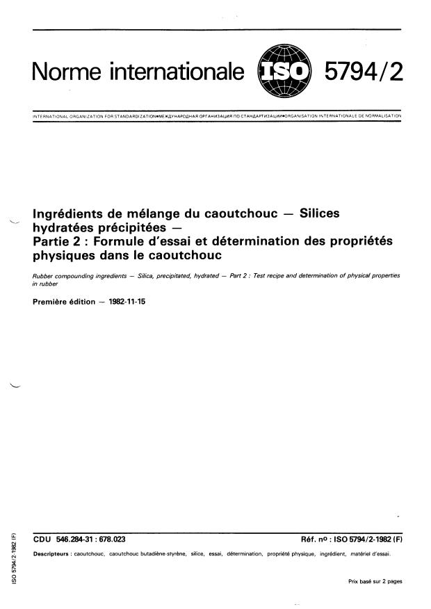 ISO 5794-2:1982 - Ingrédients de mélange du caoutchouc -- Silices hydratées précipitées