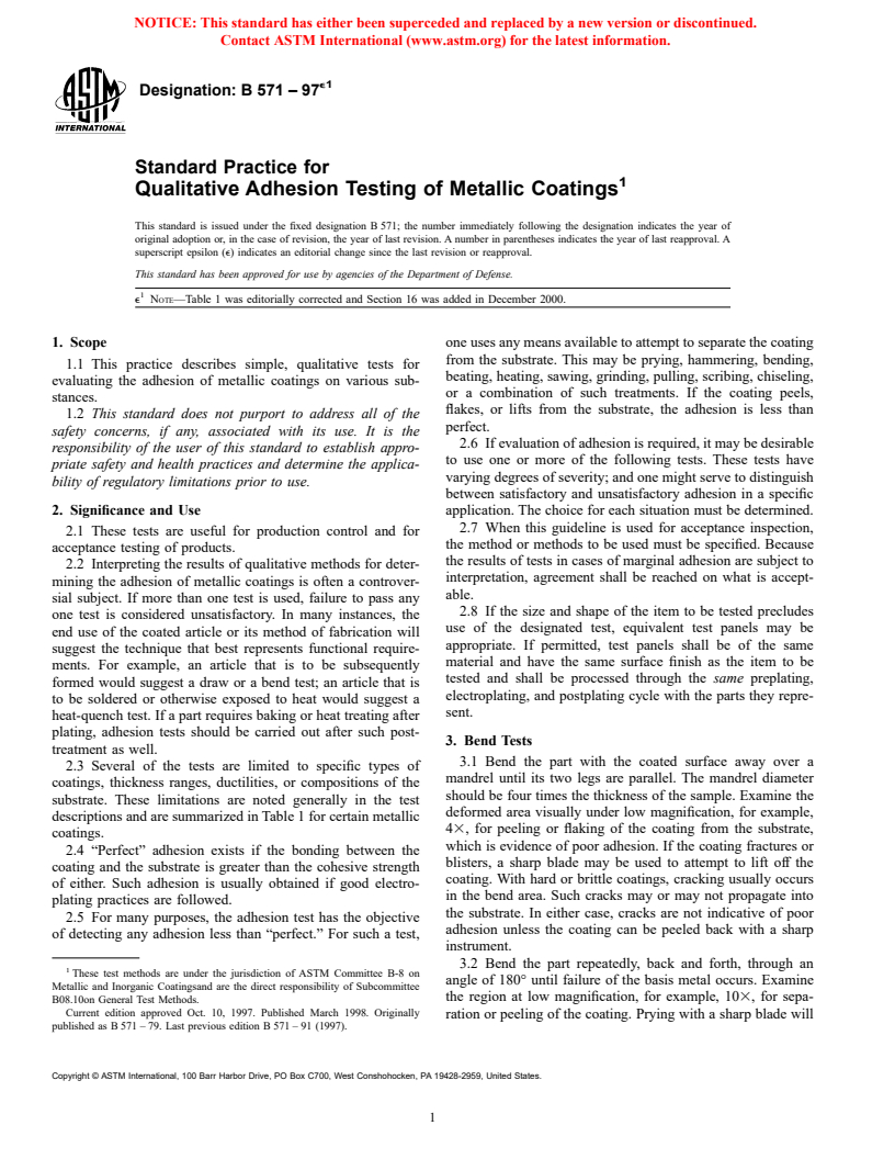 ASTM B571-97e1 - Standard Practice for Qualitative Adhesion Testing of Metallic Coatings