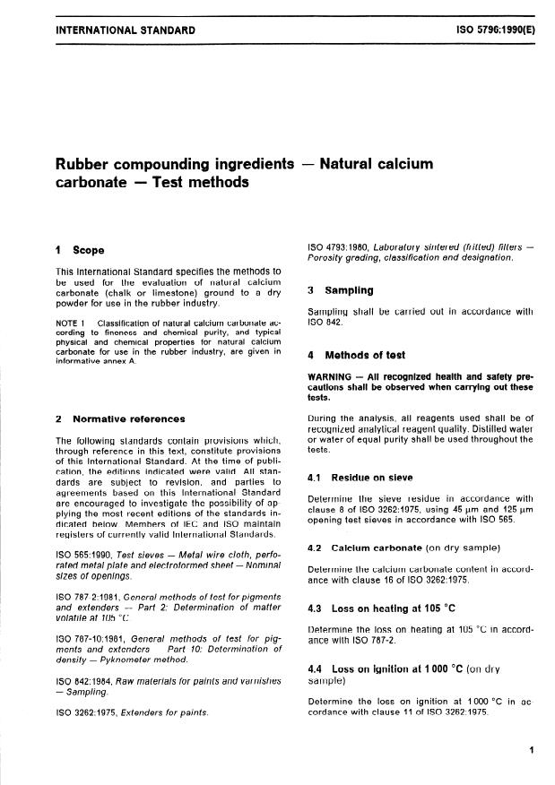 ISO 5796:1990 - Rubber compounding ingredients -- Natural calcium carbonate -- Test methods