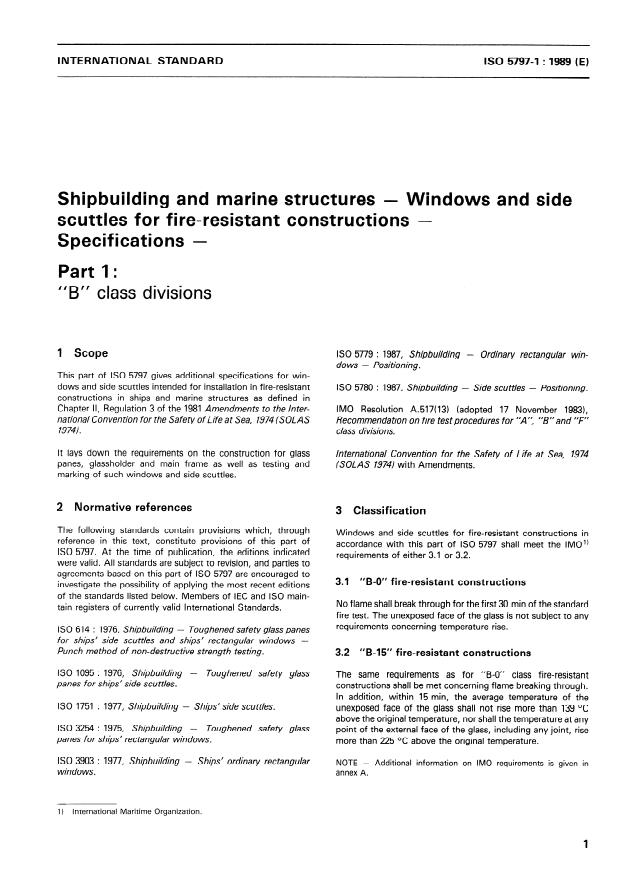ISO 5797-1:1989 - Shipbuilding and marine structures -- Windows and side scuttles for fire-resistant constructions -- Specifications