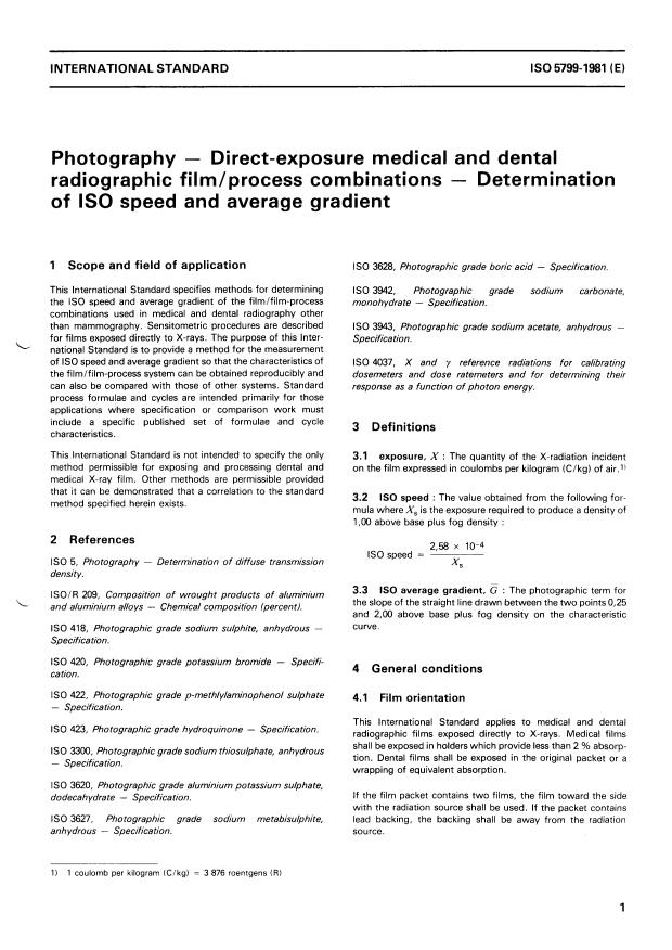 ISO 5799:1981 - Photography -- Direct-exposure medical and dental radiographic film/process combinations -- Determination of ISO speed and average gradient