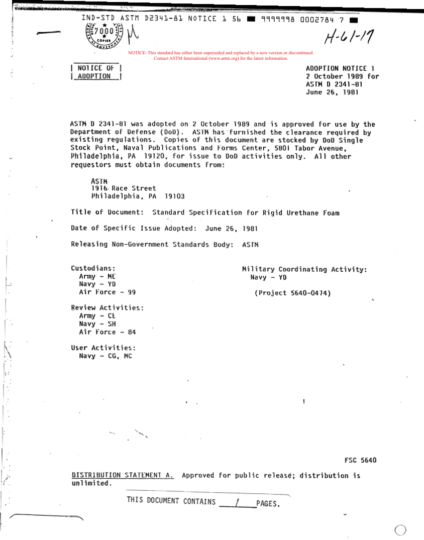 ASTM D2341-81 - Specification for Rigid Urethane Foam (Withdrawn 1988)