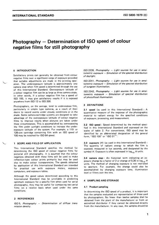 ISO 5800:1979 - Photography -- Determination of ISO speed of colour negative films for still photography —