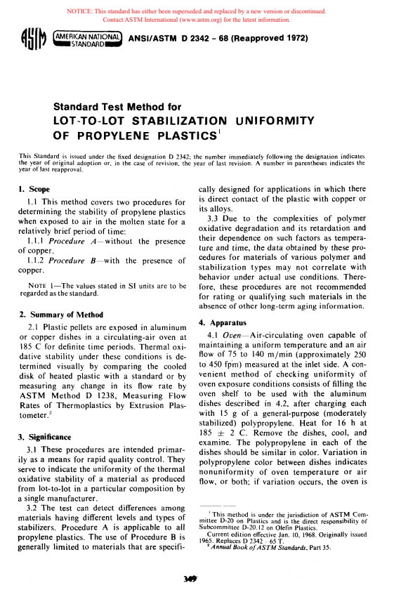 ASTM D2342-68(1972) - Method of Test for Determination of Lot-to-Lot Stabilization Uniformity of Propylene Plastics (Withdrawn 1978)