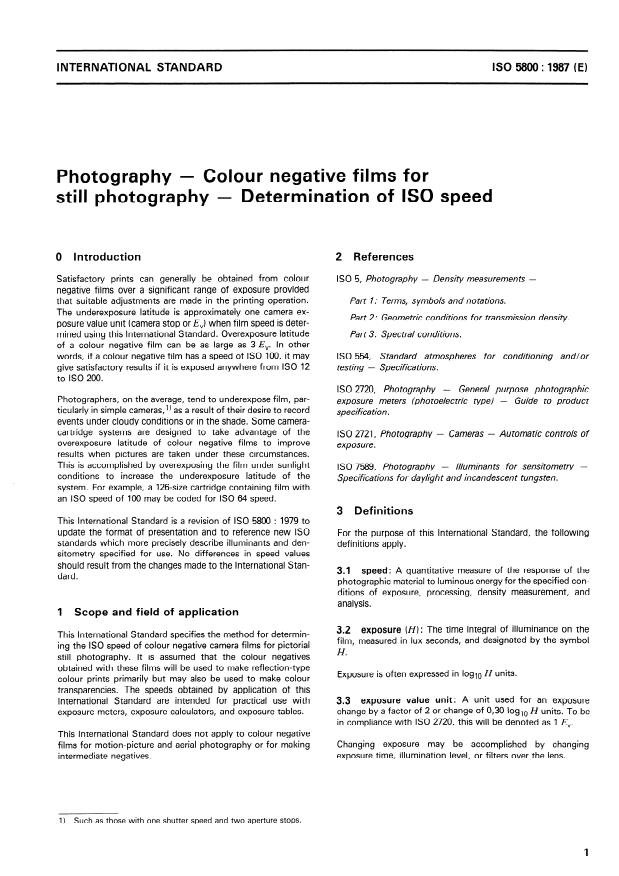 ISO 5800:1987 - Photography -- Colour negative films for still photography -- Determination of ISO speed