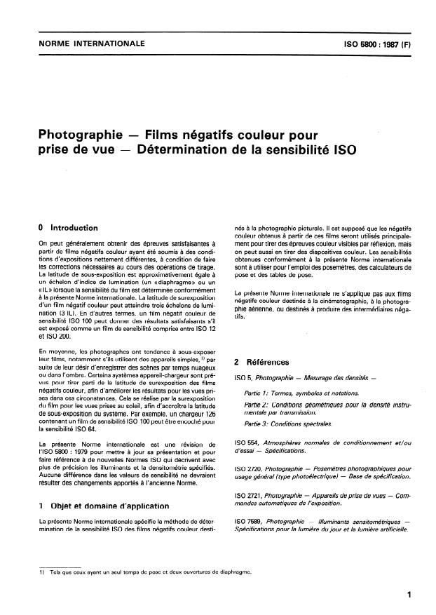 ISO 5800:1987 - Photographie -- Films négatifs couleur pour prise de vue -- Détermination de la sensibilité ISO
