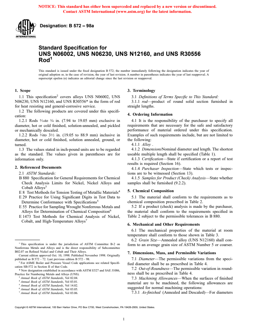 ASTM B572-98a - Standard Specification for UNS N06002, UNS N06230, UNS N12160, and UNS R30556 Rod