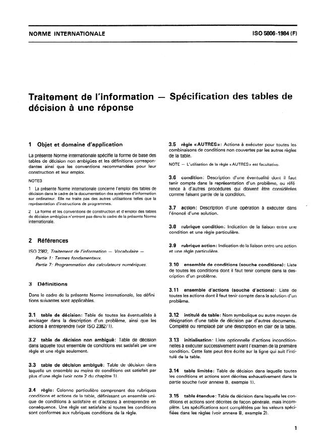 ISO 5806:1984 - Traitement de l'information -- Spécification des tables de décision a une réponse
