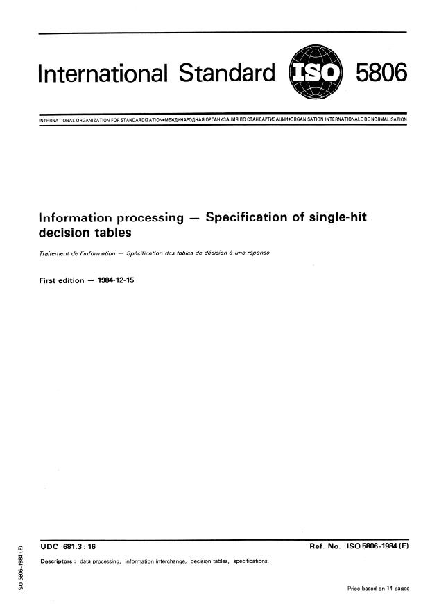 ISO 5806:1984 - Information processing -- Specification of single-hit decision tables