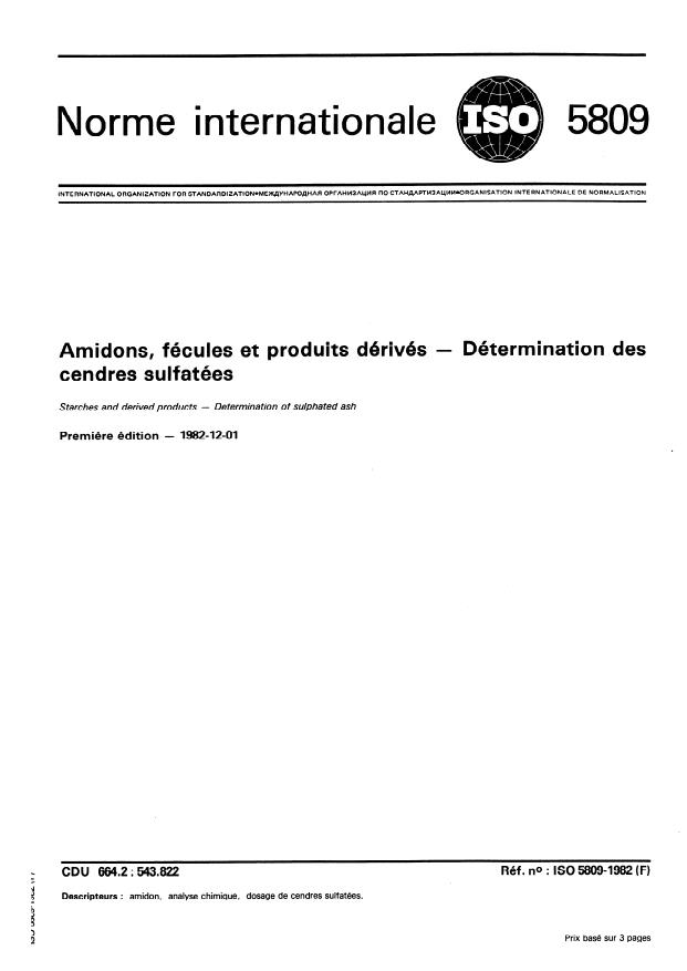 ISO 5809:1982 - Amidons, fécules et produits dérivés -- Détermination des cendres sulfatées