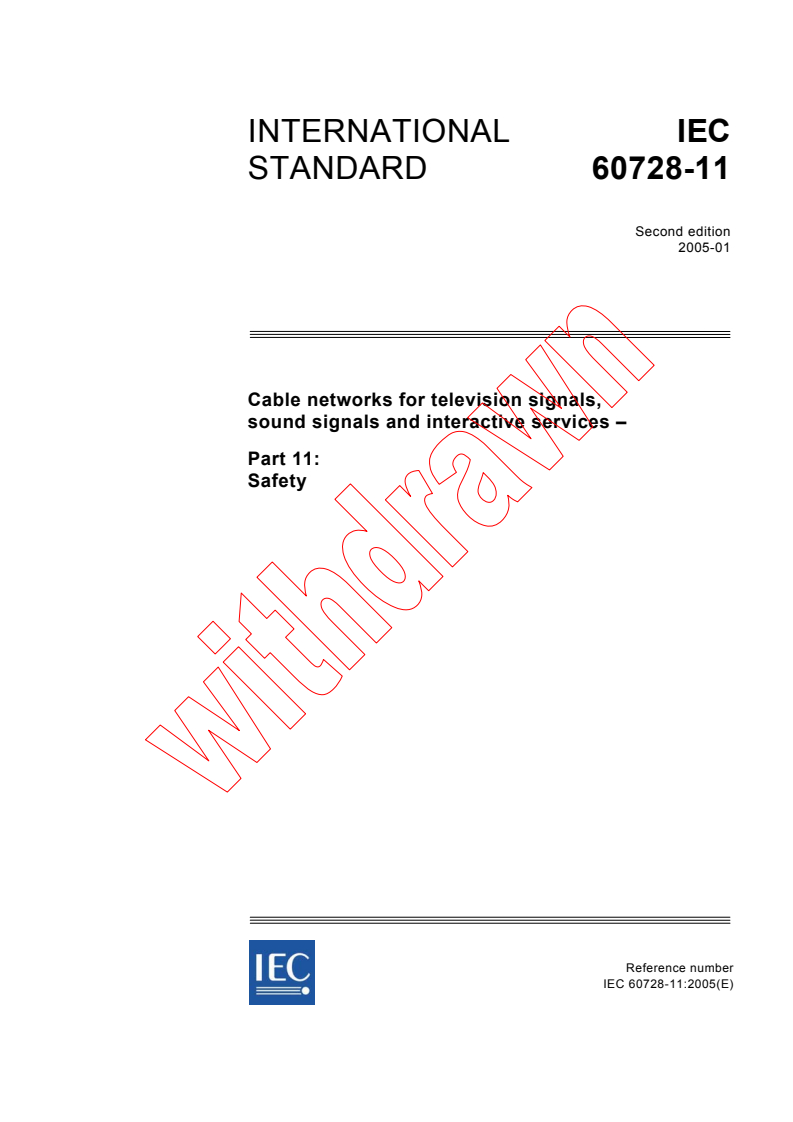 IEC 60728-11:2005 - Cable networks for television signals, sound signals and interactive services - Part 11: Safety
Released:1/6/2005
Isbn:2831877911
