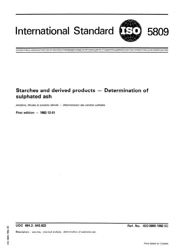 ISO 5809:1982 - Starches and derived products -- Determination of sulphated ash