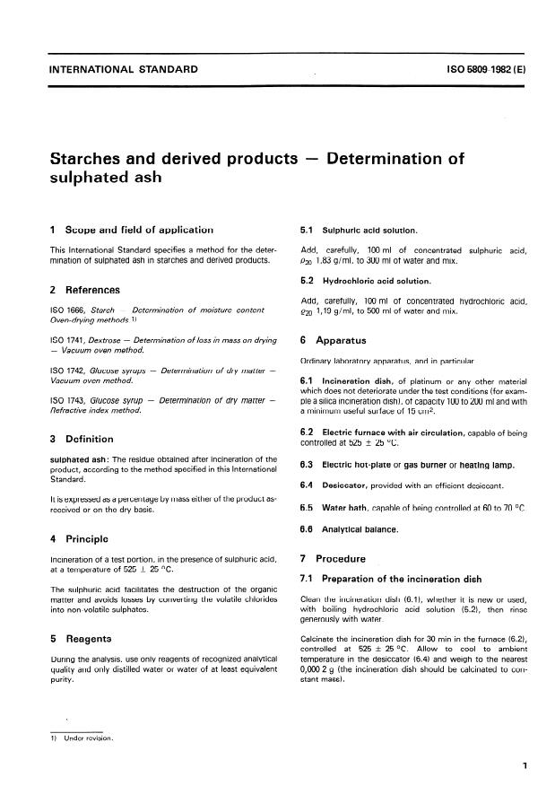 ISO 5809:1982 - Starches and derived products -- Determination of sulphated ash