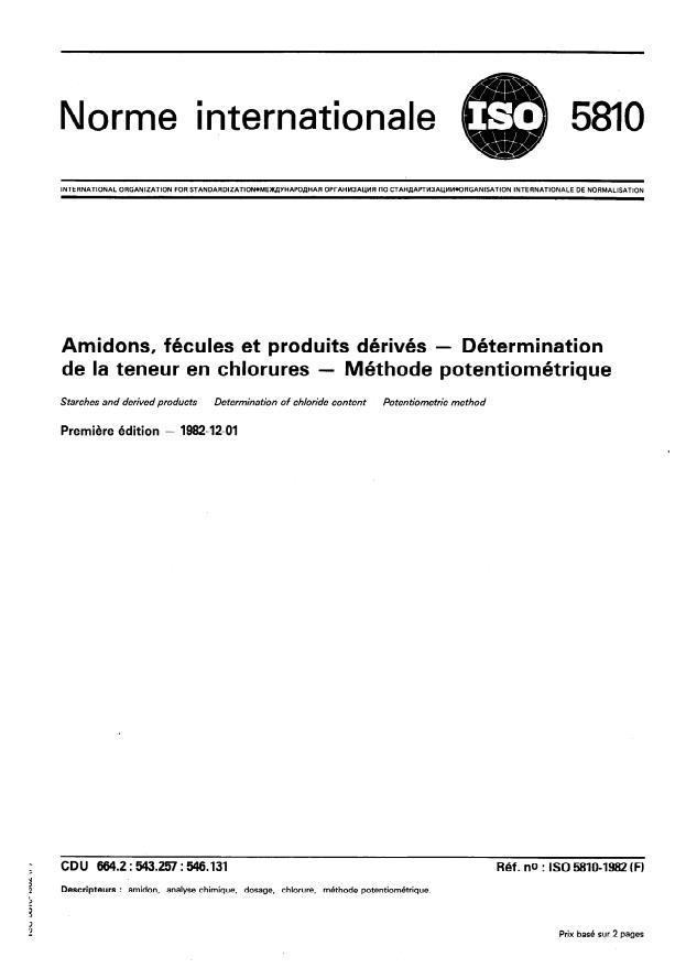 ISO 5810:1982 - Amidons, fécules et produits dérivés -- Détermination de la teneur en chlorures -- Méthode potentiométrique