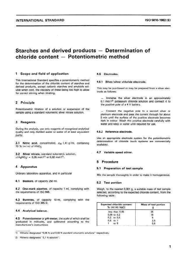 ISO 5810:1982 - Starches and derived products -- Determination of chloride content -- Potentiometric method