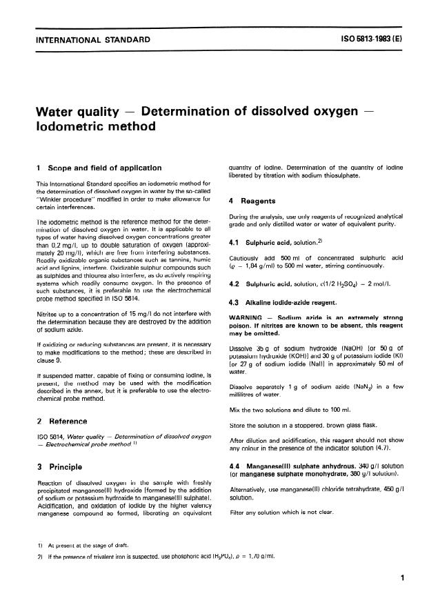 ISO 5813:1983 - Water quality -- Determination of dissolved oxygen -- Iodometric method