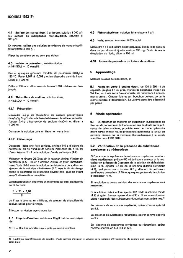 ISO 5813:1983 ISO 5813:1983 - Qualité de l'eau -- Dosage de l'oxygene dissous -- Méthode iodométrique - Page 4 preview