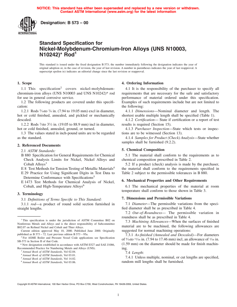 ASTM B573-00 - Standard Specification for Nickel-Molybdenum-Chromium-Iron Alloy (UNS N10003, N10242)* Rod