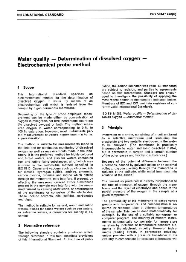 ISO 5814:1990 - Water quality -- Determination of dissolved oxygen -- Electrochemical probe method