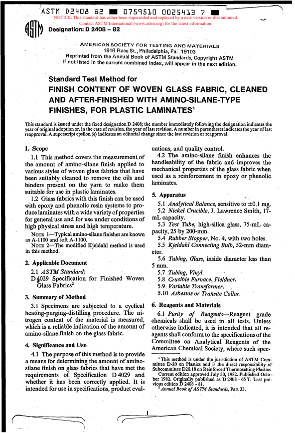 ASTM D2408-82 - Test Method for Finish Content of Woven Glass Fabric, Cleaned and After-Finished with Amino-Silane-Type Finishes, for Plastic Laminates (Withdrawn 1988)