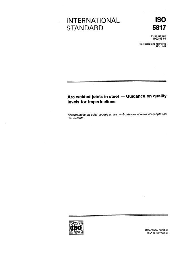 ISO 5817:1992 - Arc-welded joints in steel -- Guidance on quality levels for imperfections
