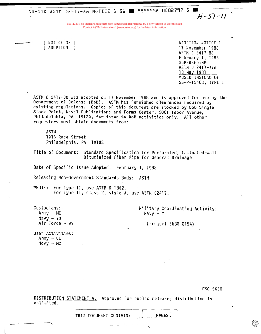 ASTM D2417-88 - Specification for Perforated, Laminated Wall Bituminized Fiber Pipe for General Drainage (Withdrawn 1992)