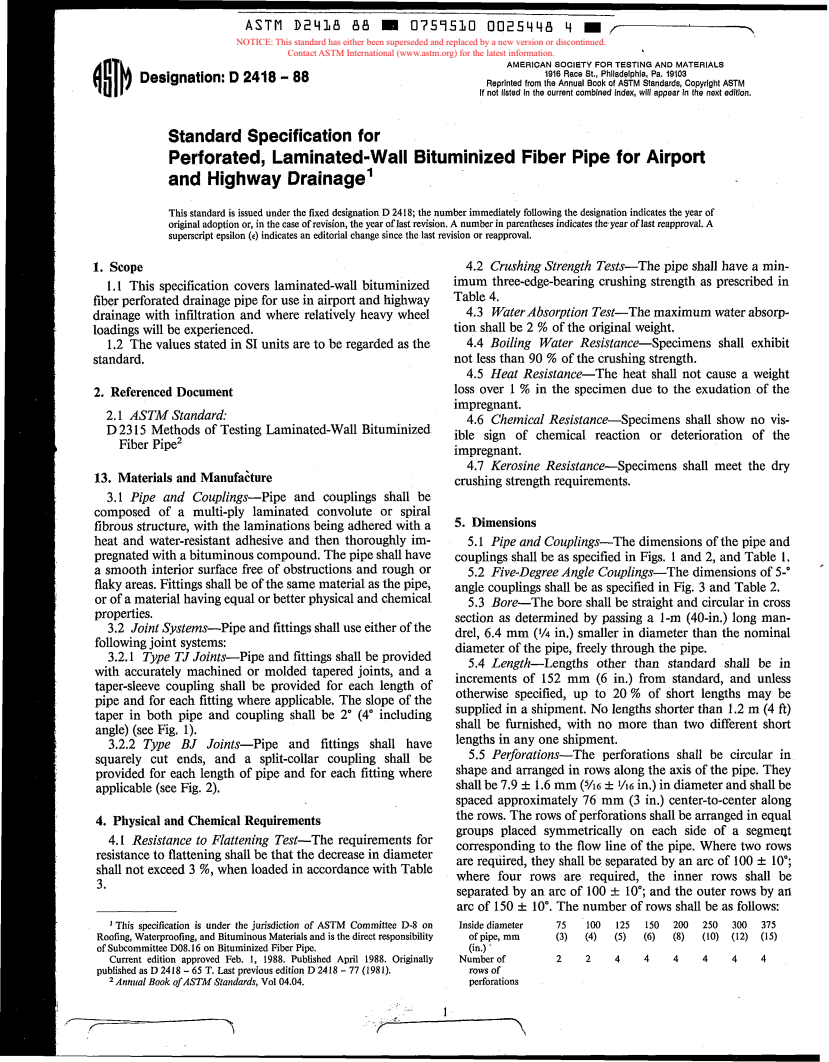 ASTM D2418-88 - Specification for Perforated, Laminated-Wall Bituminized Fiber Pipe for Airport and Highway Drainage (Withdrawn 1992)