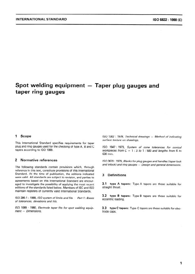 ISO 5822:1988 - Spot welding equipment -- Taper plug gauges and taper ring gauges