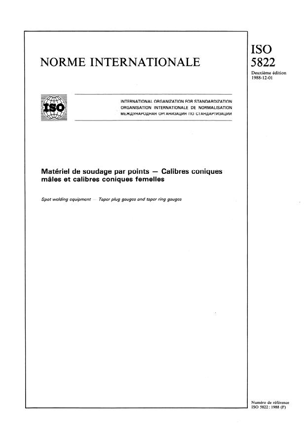 ISO 5822:1988 - Matériel de soudage par points -- Calibres coniques mâles et calibres coniques femelles