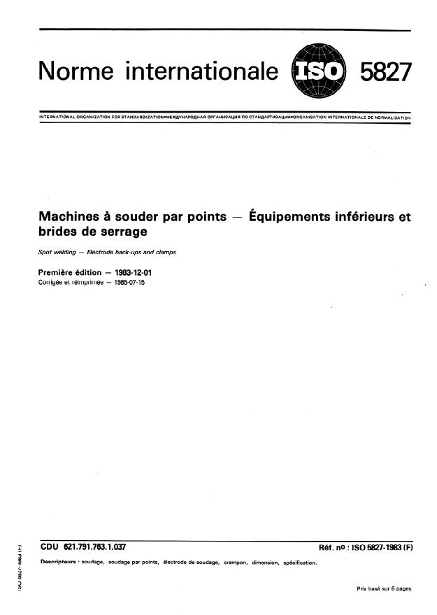 ISO 5827:1983 - Machines a souder par points -- Équipements inférieurs et brides de serrage