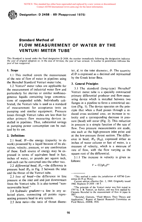 ASTM D2458-69(1975) - Method for Flow Measurement of Industrial Water and Industrial Waste Water by the Venturi Meter Tube (Withdrawn 1981)