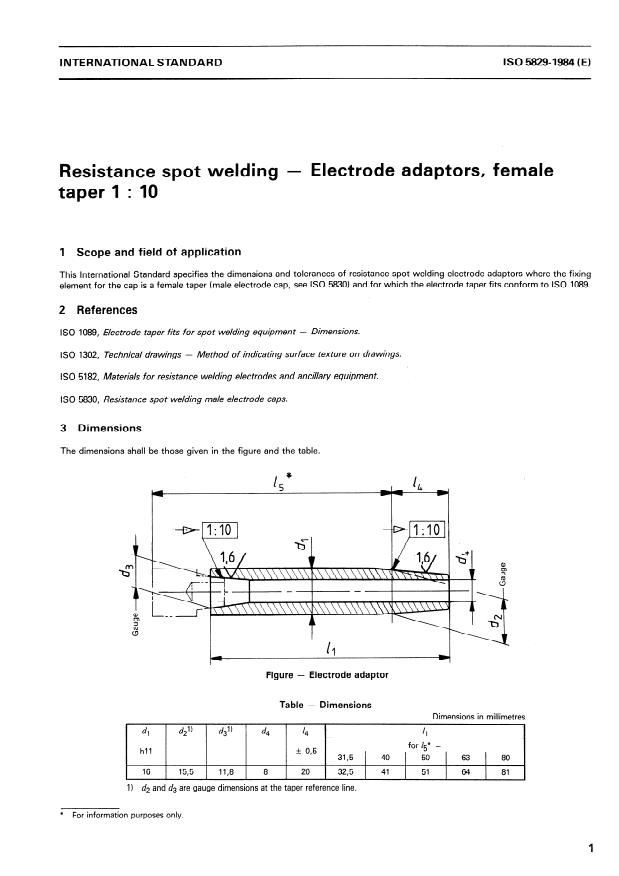 ISO 5829:1984 - Resistance spot welding -- Electrode adaptors, female taper 1 : 10
